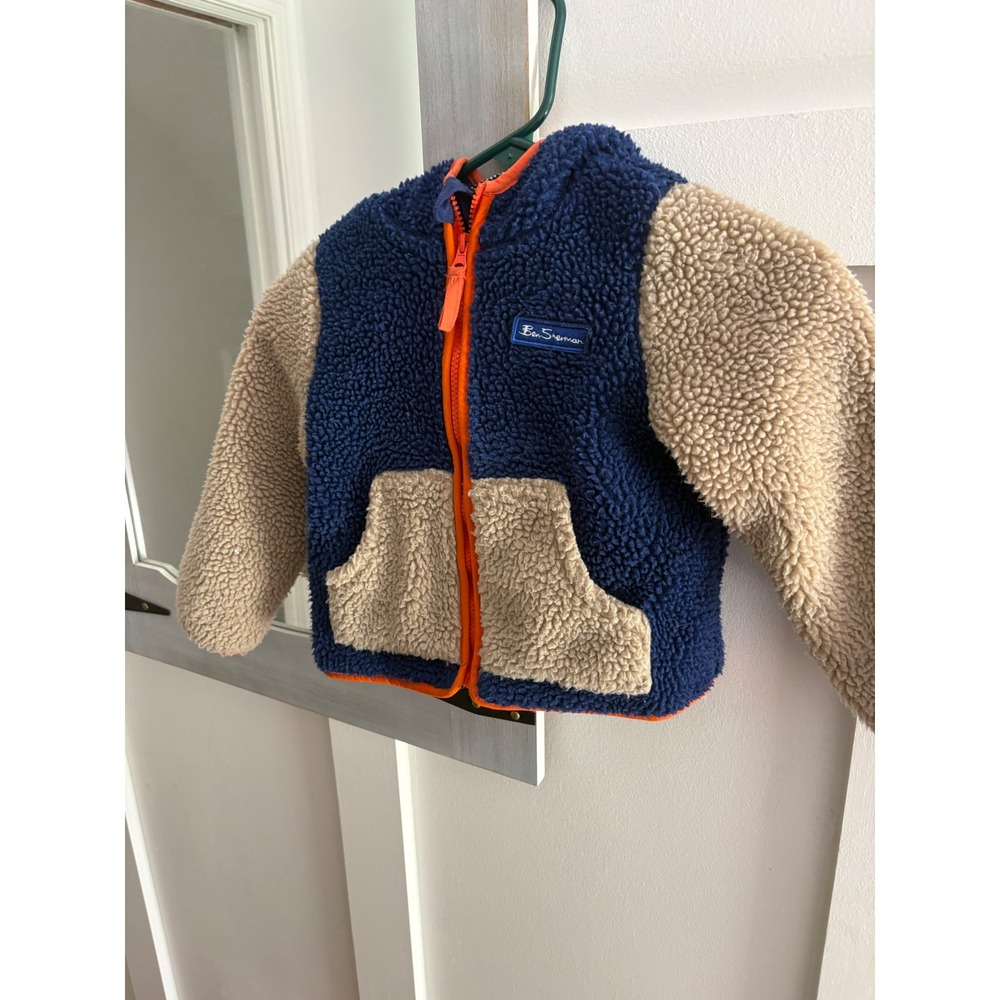 Ben Sherman Boys 4T Sherpa Fleece Hoodie Colorblock Navy Tan Zip Up Jacket